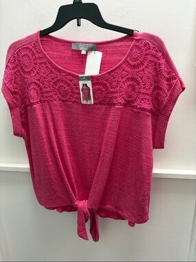 Bright Pink Crochet Yoke Tie-Front Short Sleeve Top - NWT